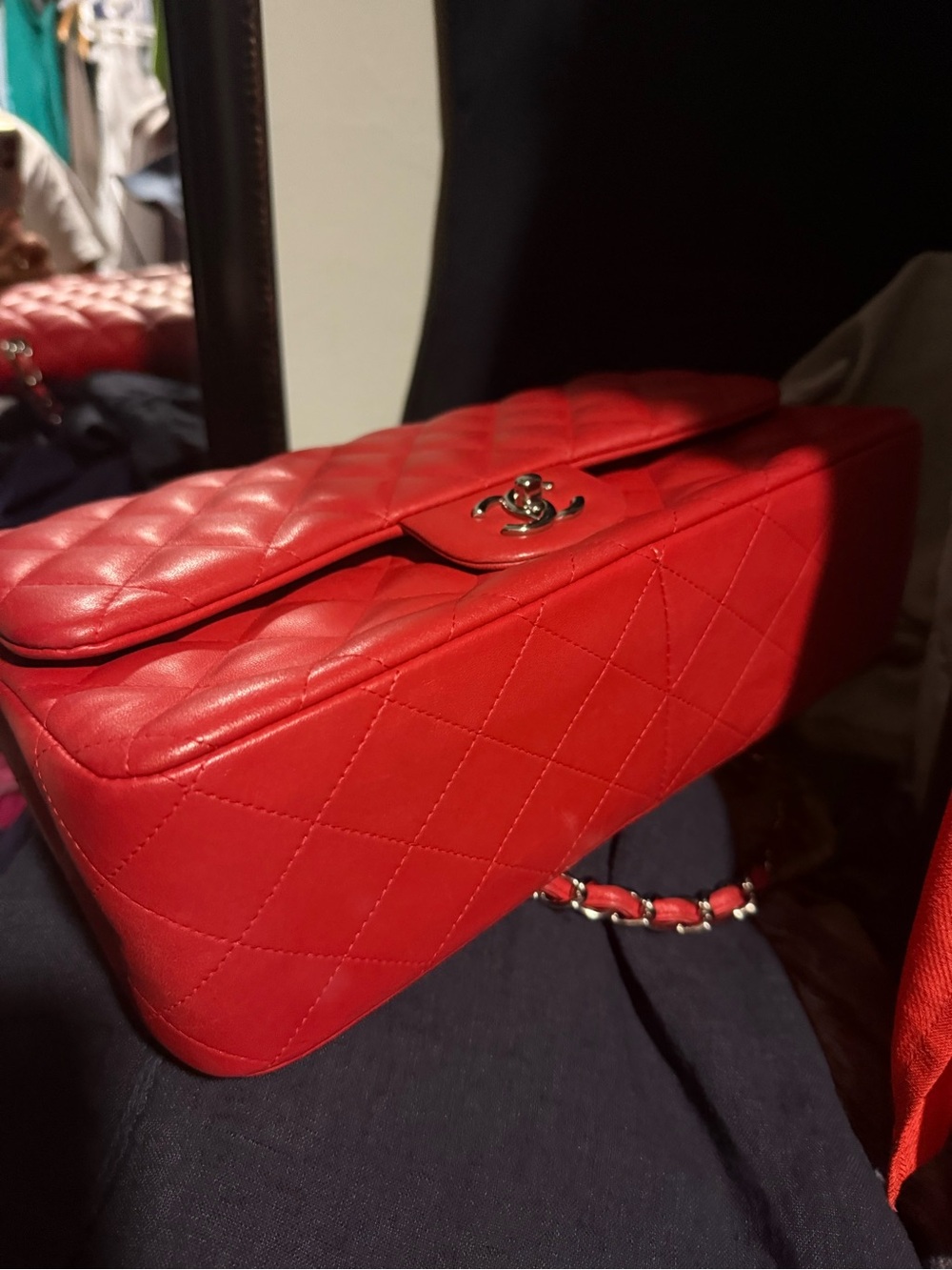 Auth CHANEL Red Leather Shoulder Bag with Silver CC Twist Lock